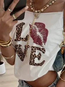Women's Leopard Print Graphic "LOVE" Lip Print Off-Shoulder T-Shirt, Y2K Style Cropped Casual Top, Suitable for Parties and Everyday Wear.