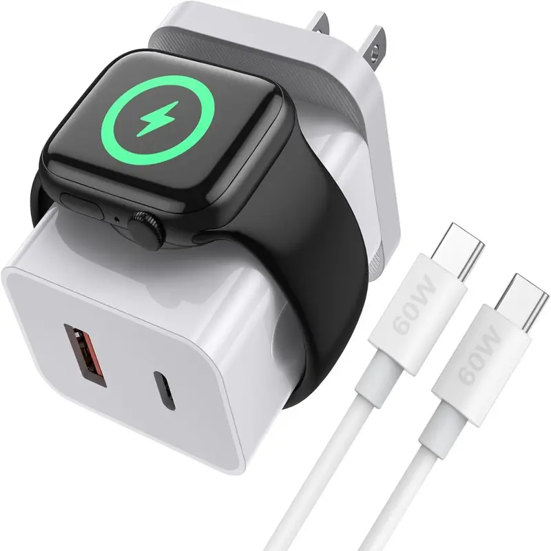 Watch Charger,20W 3-in-1 Fast Charging Block with Magnetic Wireless Charging and Dual Ports, Portable USB C PD Travel Plug Compatible with Phone,  Watch Series (Black)