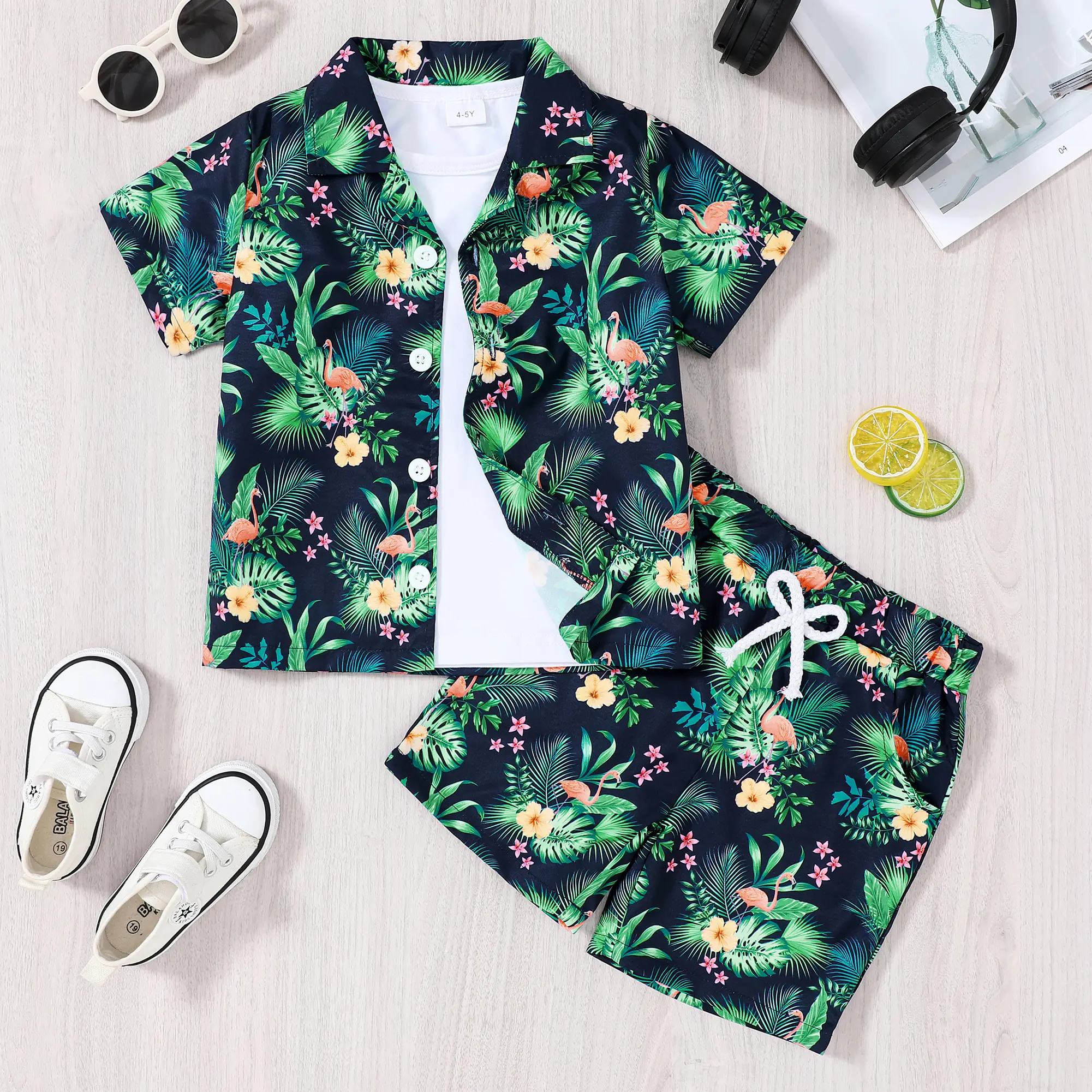 Boys Hawaiian Outfit 2Pcs Set Summer Beach Button-Down Shirt Top + Shorts for Kids 2-9 Years Printed Shirt And Shorts Casual Vacation Set