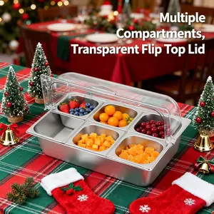 Silver Clear 6-Pan Ice Food Serving Tray 21x13x13In 1.7L Each Pan Stainless Steel PC for Buffet Restaurant Party Sushi Seafood Display