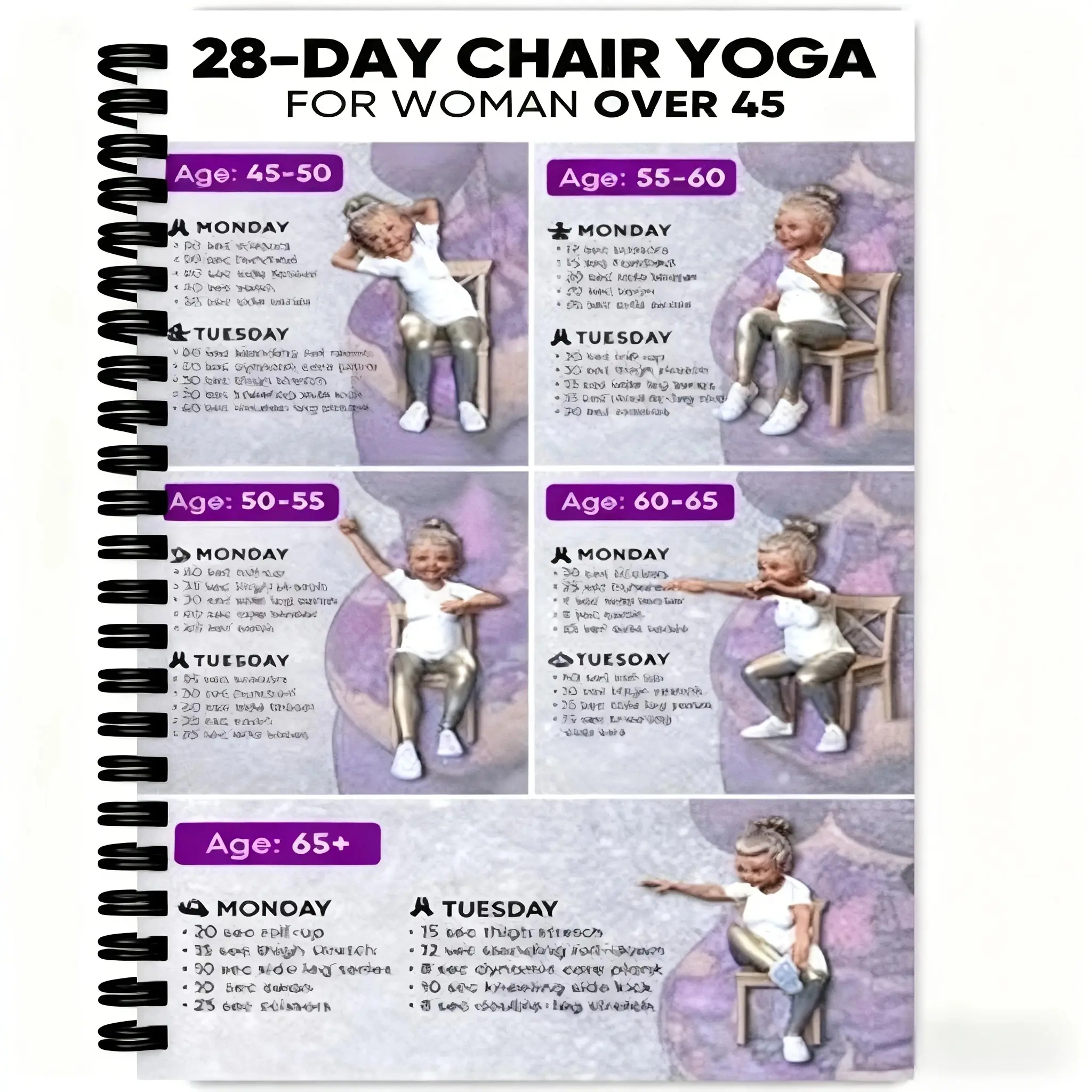Elderly Chair Yoga Spiral Notebook, Yoga Poses For Seniors, 28-Day Full-Body Workout Plan, A5 Thickened Cover, 5.5" x 8.3", Suitable for Women Over 65, Beginners, Chair-Side Exercise and Home Fitness Guide, Dorian Paper 80g