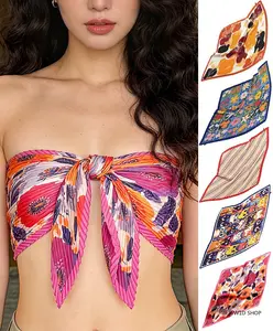 2026 Women’s Pleated Satin Silk Scarf Top – Floral Print Square Neck Scarf Wrap, Elegant Lightweight Bandana Shawl for Office and Daily Wear