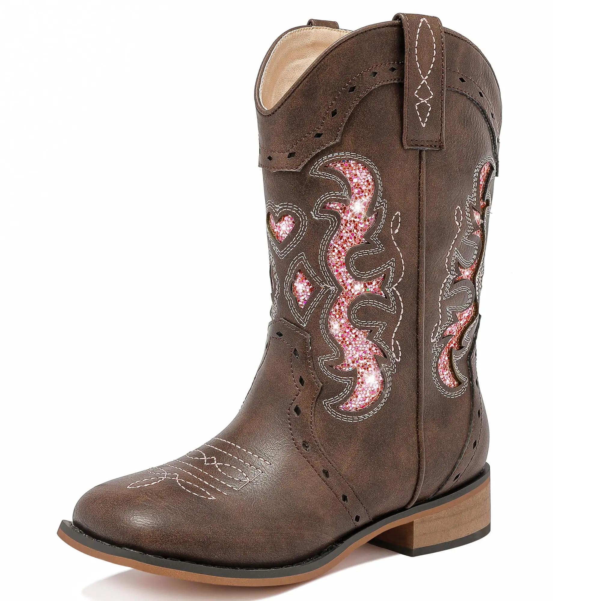 Kids Cowgirl Boots for Girls Western Square Toe Girls Sparkle Boots Zipper Mid Calf Low Heel Horse Riding for Toddler Little Big Kids (Brown Pink)