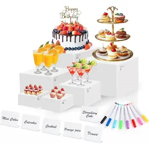 Acrylic tableware display stand, 3/6-piece set, white, black, transparent, suitable for banquet tables, catering desserts, jewelry collection, hollow design, nestable cube boxes, summer atmosphere