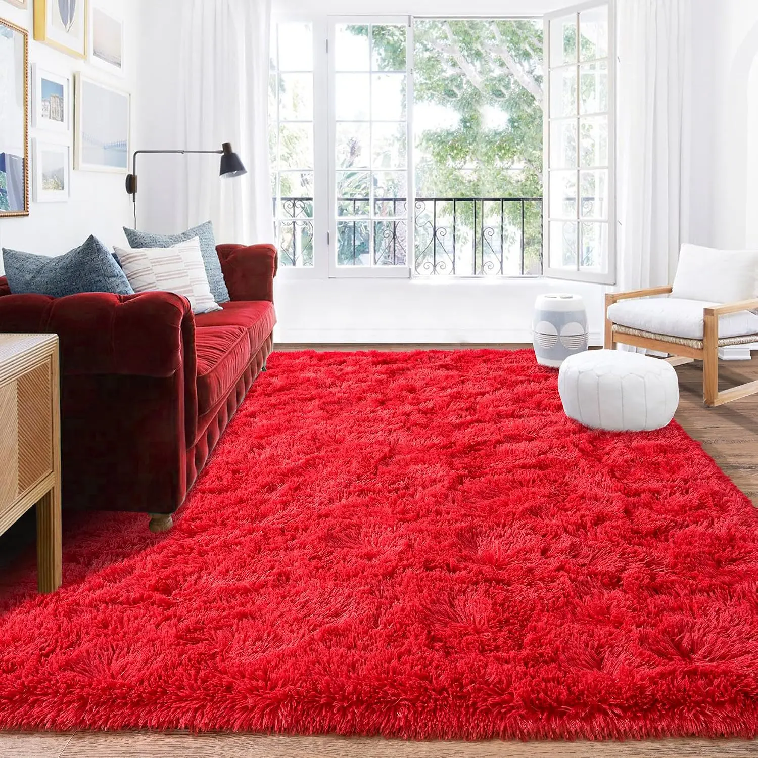 Red Fluffy Area Rug, Soft High-Pile Non-Slip Shag Carpet for Living Room, Bedroom, Kids’ Playroom and Modern Home Decor