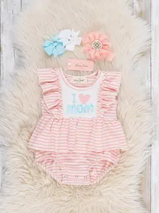 I Love MOM Stripe & Ruffle Embroidered Bubble Romper
