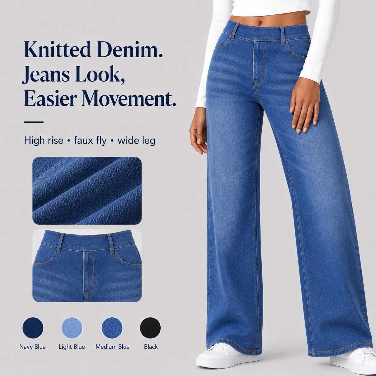 DLOODA Women's Casual High-Waist Wide-Leg Pants in Stretchy, Wrinkle-Resist Denim with Multi-Pockets for All Seasons, Wide-Leg Cut, Jean Pants, Stretchy Denim, 4-Season Daily Outfits, Basic, High Waisted Jeans, Baggy, Oversized