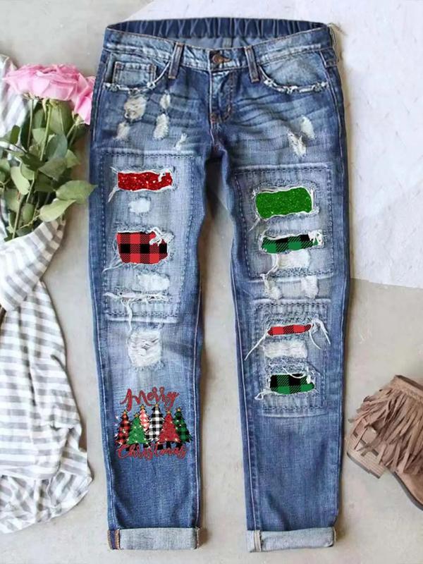 Women's Distressed Skinny Jeans with Red Santa & Reindeer Print Vintage Ripped Design Stretch Waistband for Comfort Holiday Casual Street Style Fit All Seasons Straight Cut Denim Leg Trouser Fabric Womenswear Elastic Stretchable Fitted