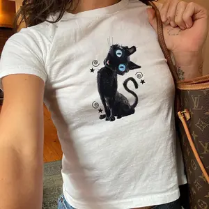 Creepy Cat Graphic Baby Tee, Button Eyes Kitty Women's Fitted T-Shirt, Creepy Retro Horror Halloween Women's Baby Tees, Gift for Her