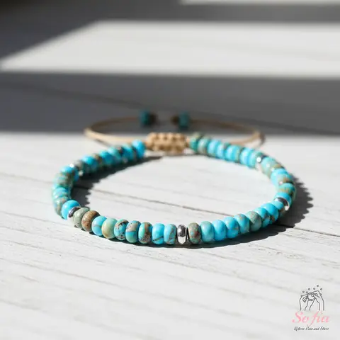 Sofia Natural Turquoise Rondelle Beaded Bracelet for Adults, Boho Handmade Minimalist Braided Adjustable (6-7.5 in Wrist) Healing Gemstone Jewelry, Natural Crystal Bracelet Gift, Natural Crystal Jewelry