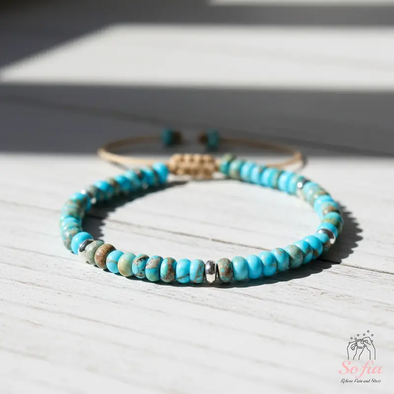 Sofia Natural Turquoise Rondelle Beaded Bracelet for Adults, Boho Handmade Minimalist Braided Adjustable (6-7.5 in Wrist) Healing Gemstone Jewelry, Natural Crystal Bracelet Gift, Natural Crystal Jewelry