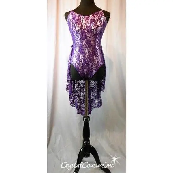 Purple Floral Lace Leotard over White Lycra with Skirt - Swarovski Rhinestones