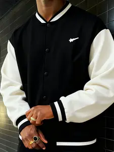 Men's Colorblock Baseball Jacket, Vintage Contrast Design, Satin Sleeve Patchwork, Meteor Print, All Seasons Fitted Outerwear
