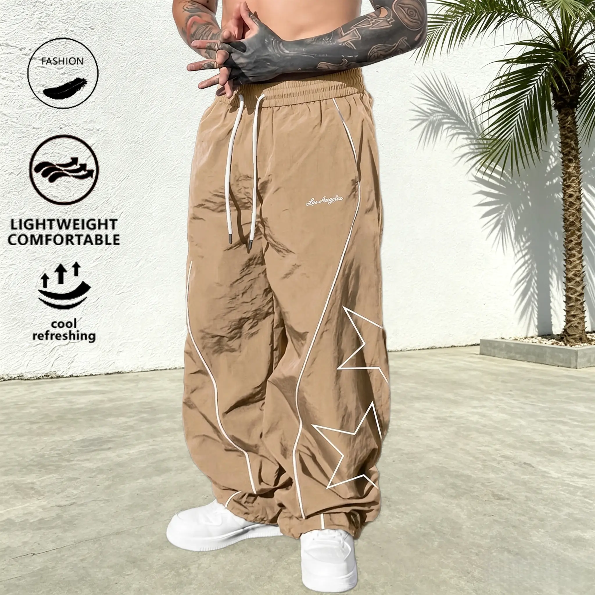 High-Street Style Graphic Pants for Men, Loose-Fitting Windbreaker Design with Star Print, Side Stripes, and Drawstring, Menswear, Fashion Apparel, Drapey Feel, Mens Clothing, Casual, Polyester, Hip-Hop