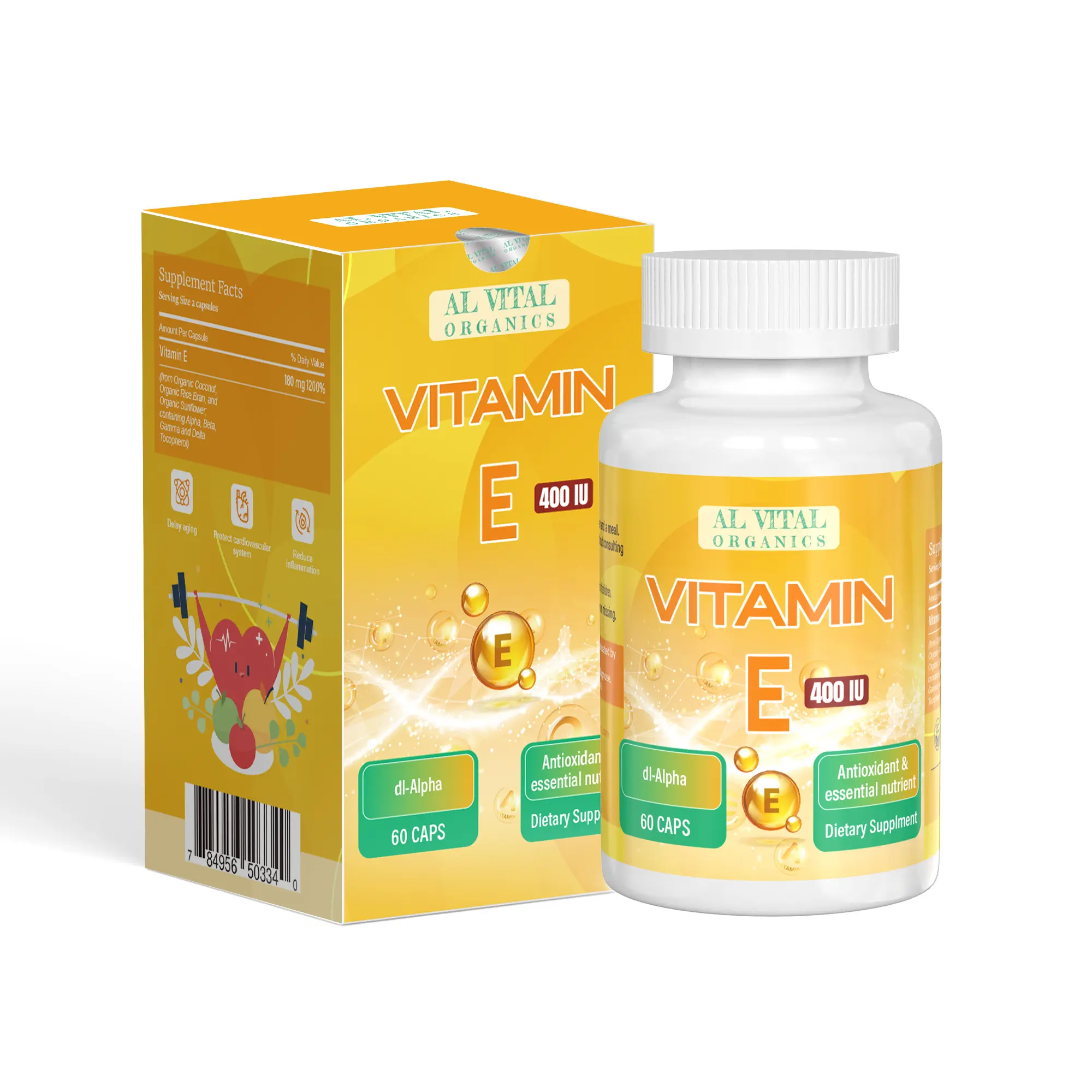 Al Vital Organics Vitamin E Capsules 400 IU d-Alpha Form Antioxidant & Essential Nutrient Rich Softgels 60 Capsules Non-GMO Gluten-Free Natural USA Made