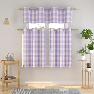 3 Pieces Tier Curtains and Valance Set Buffalo Check Kitchen Tiers Plaid Gingham Grommet Top Classic Short Small Cafe Curtains Country Farmhouse Cafe Bathroom 54"x18"/32"x30" Lilac & White