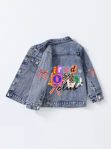 Mother's Day Gift, Girls' Colorful Patchwork Print Denim Jacket, Cute Bowknot Jean Coat, Artistic Style, Ages 1-8, Casual All Seasons