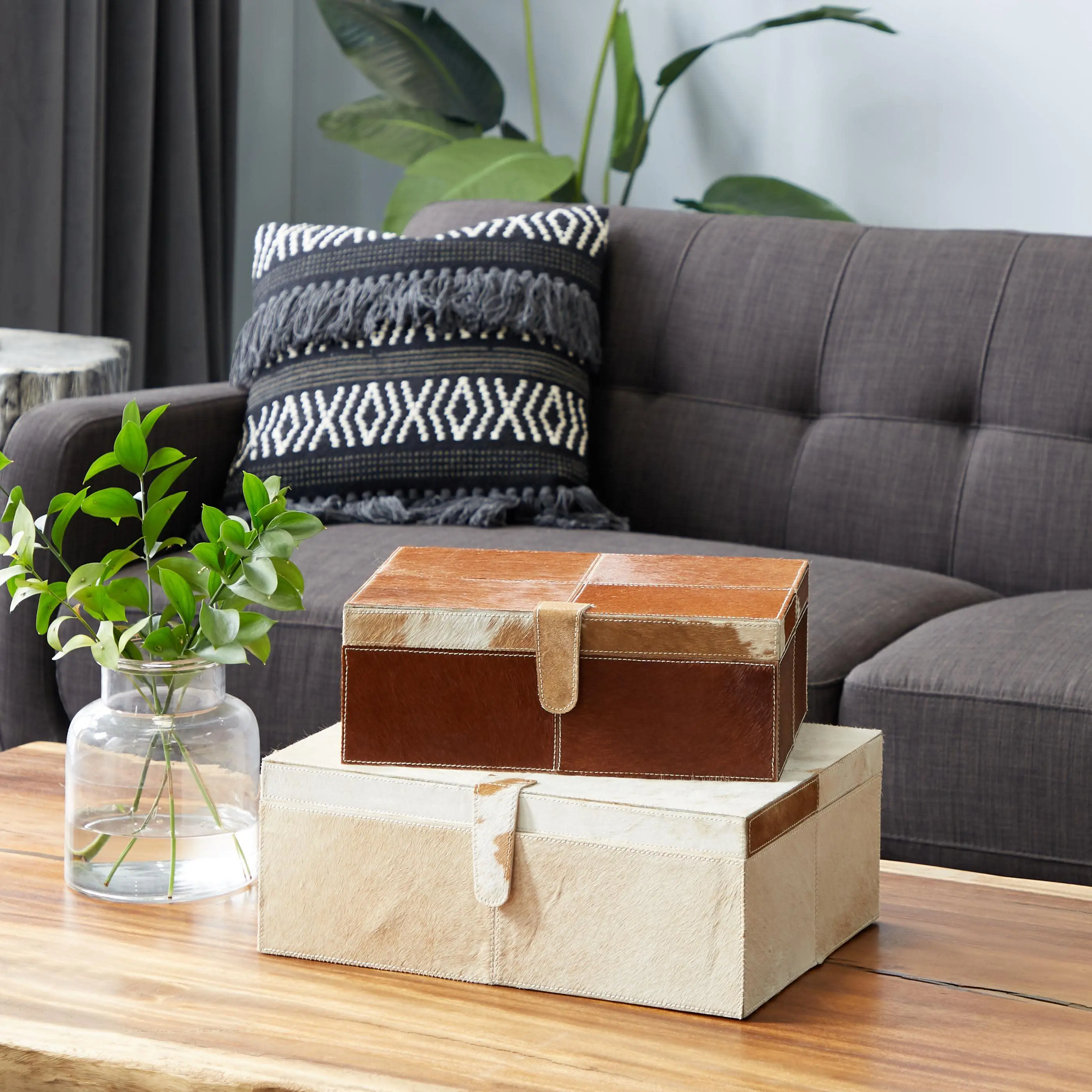 Brown Leather Handmade Organiser Boxes - 2-Piece Rectangular Home Storage Bins with Snap-Front Closure, Detailed Stitching