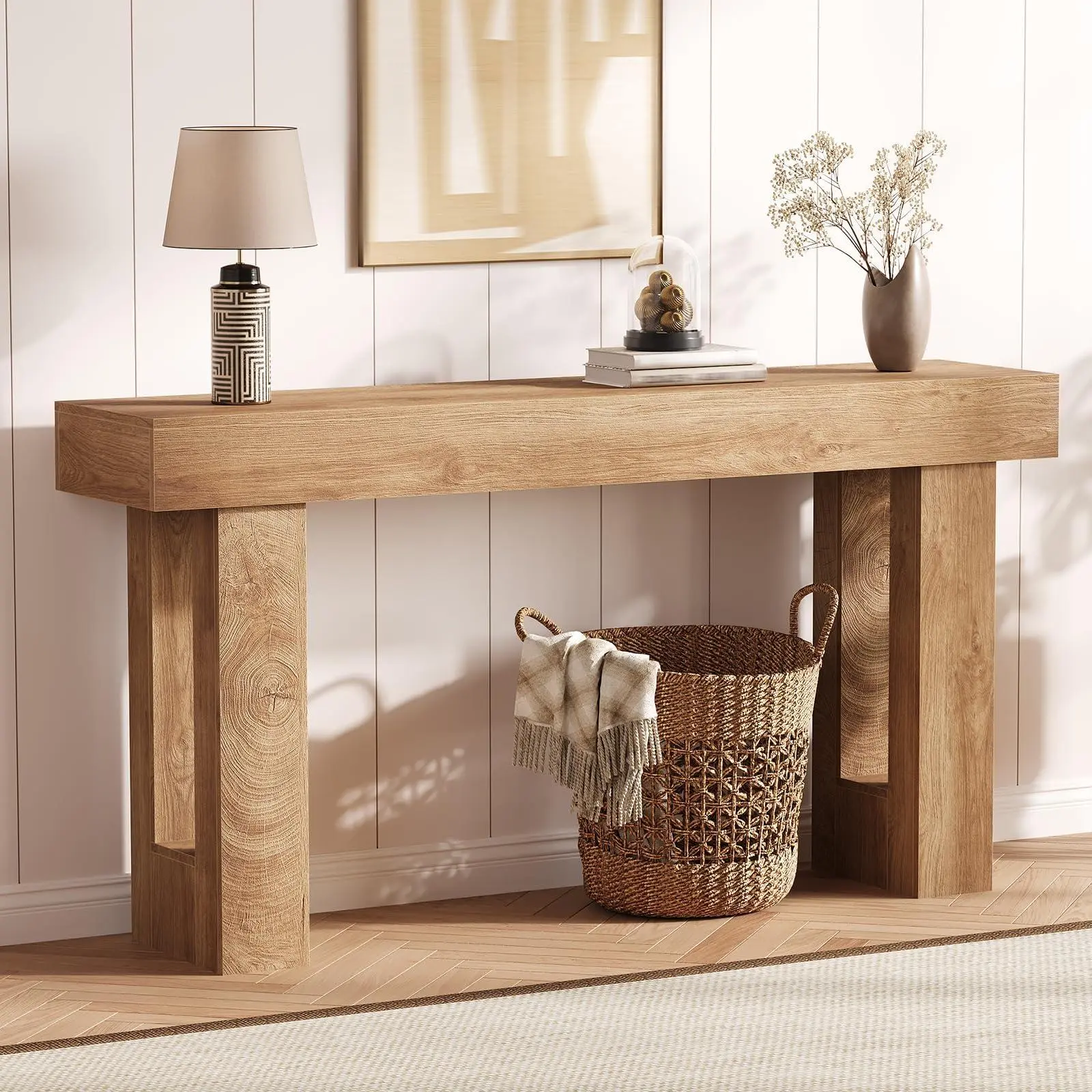 63-Inch Farmhouse Slim-Profile Natural Oak Wood Rectangle Console Table, Modern Minimalist Indoor Furniture for Entryway, Living Room, Sofa Side Table, Rectangle Table