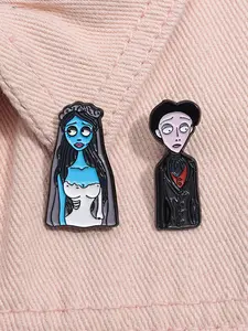 2pcs/set Animated Movie Animated Film Corpse Bride Enamel Pins Cartoon Characters Halloween Metal Brooches Lapel Backpack Badge Fashion Jewelry Accessories Gifts for Friends