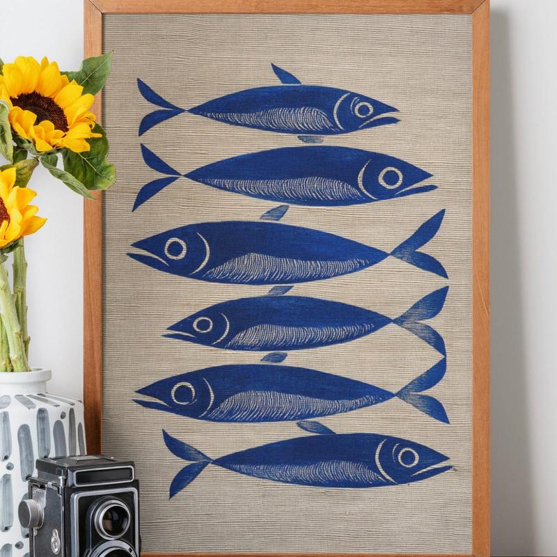 Blue Ink Sardine Striped Painting Wall Art Print, Stripes Trendy Aesthetic Kitchen Art, Sardine Kitchen Art, Antique Fish Art Printable, Unframe