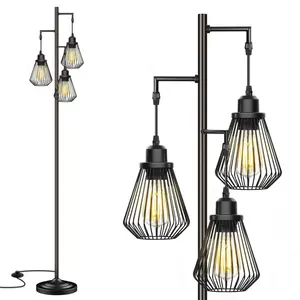 Industrial Floor Lamps for Living Room, Farmhouse Standing Lamp with 3 Hanging Teardrop Cage Shades, 68" Modern Rustic Tree Tall Lamps with Pedal Switch for Bedroom Office Home Light Decor, Black