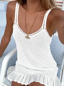 Sexy Hollow Out Ruffle Strap Dress, Summer Beach Vacation Knitted Bikini Cover-Up Dress, Slim-Fitting Plain Style, Fashion Women's Swimsuit, Beach Cover Ups, Swimwear Cover Up, Cover Up Beachwear