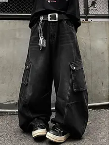 Men's New Large Pocket Loose Washed Denim Long Pants, Cargo Denim Trousers, Casual All-Season Wide Leg Jeans, Comfortable and Versatile Fashion