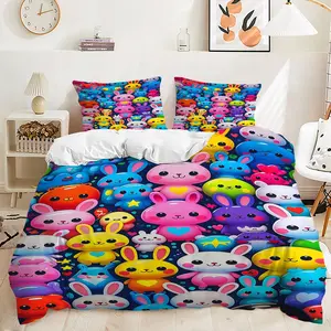 2/3-Piece Dopamine Rainbow Cute Rabbit Bear Animal Themed Bedding Set,Bright And Rich Colors, Full Of Childlike Fun Vitality,Lively Joyful,Exquisite Patterns,Soft  Bright Lively,Perfect Bedroom Decoration! Includes1/2 Pillowcases-No Padding/Zipper Closure