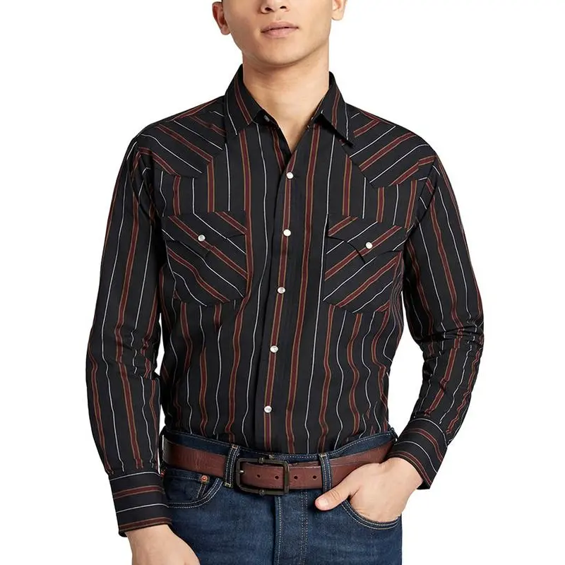 Men's Western Striped Casual Shirt, Long Sleeve Cowboy Style with Pearlized Snaps, Easy Care Polyester Cotton Blend, Casual Shirts, Longsleeves