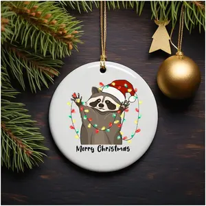 Merry Christmas Raccoon Ceramic Ornament with Full-Color Artwork - Circle/Star/Heart/Oval Shapes