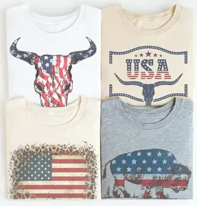 Vintage Western USA Tees Retro Freedom American Flag Tshirts Cowboy Unisex Rodeo T-Shirts Stars and Stripes Tops Patriotic Red Blue Tee Crewneck Casual Steer Shirt