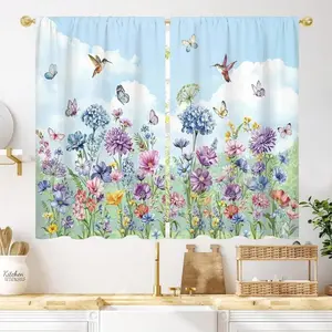 2pcs Pink And Purple Floral Kitchen Curtain 28W X 40L Inch 2 Panel Rod Pocket Bohemian Cute Flower Lilac Watercolor Wildflower Small Short Cafe Tier Window Treatment Drapes Bathroom Home Decor