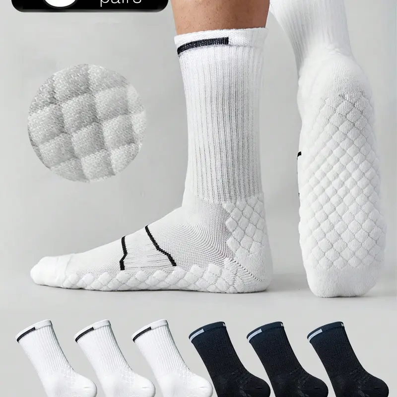6 Pairs Men's Sports Crew Socks, Athletic Socks, Workout Socks, Anti-Slip Breathable Cotton Blend, Base Design, Ideal for Running & Basketball