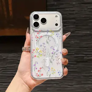 Watercolor Floral Pattern, Wildflowers, Fresh Plant Design Luxurious Transparent Magnetic Wireless Charging Phone Case Suitable for iPhone 17 E Air Pro ProMax iPhone16 15 14 Plus 13 12 Mini 11 X XS XR Shockproof Clear Back Protective Case