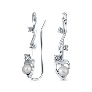 Heart White Freshwater Pearl Ear Cuff Cartilage Climbers in Sterling Silver