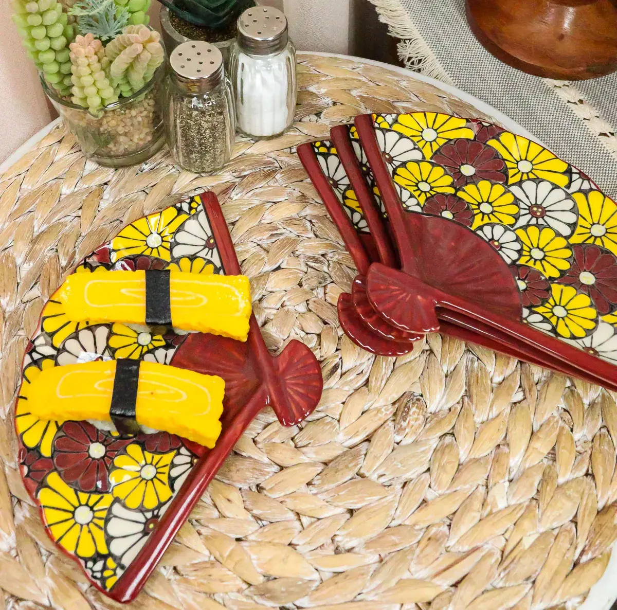 Ebros 4-Piece Small Aesthetic Pottery Porcelain Fan-Shaped Plates - Oriental Sunflowers Design for Garden, Appetizer Serving