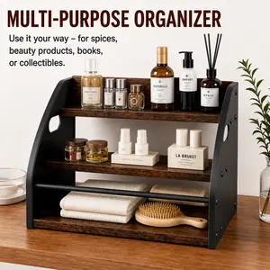 Rustic 3-Tier Countertop Organizer Shelf – Farmhouse Wood & Metal Storage Rack for Kitchen, Coffee Bar, Spice Bottles & Liquor Display