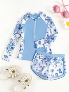 Girls Long Sleeve Rash Guard Swimwear 8-14Y, Blue Floral Vintage Print Two Pieces Bathing Suit, UPF 50+ Sun Protection Quick Dry Swimwear For Teen Beach Swimming Long
