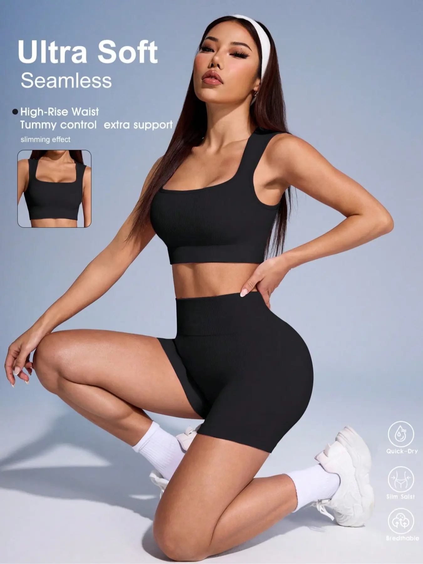 Women's 2-Piece Sports Set, High-Waisted Tummy Control Shorts, Slim-Fit Tank Top, Casual Gym Wear, Stretchable Activewear, All Seasons, Fashionable Workout, Sweat Suit Set, Fitted Design Activewear, Gymwear, Exercise Clothing Set