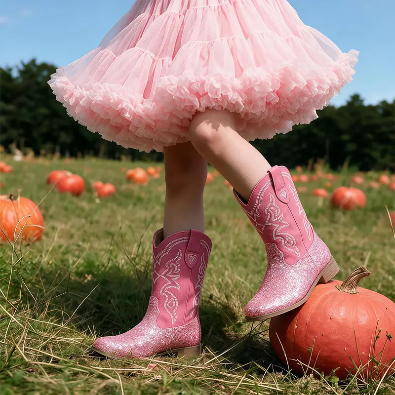 【New Colors】Pasuvo Adorable Toddler Girls Sparkle Glitter Cowboy Boots PU boots – Western Style Mid-Calf Riding Shoes for Little and Big Kids, Perfect for Every Cowgirl Pink, Black, Gold, Brown
