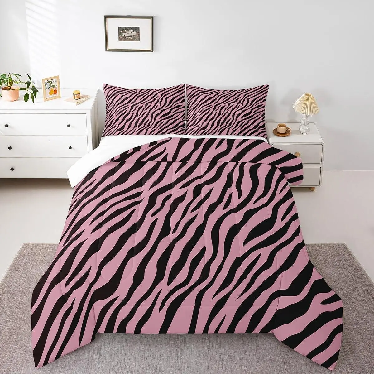 Feelyou Soft 3D Digital All Over Print Zebra-Stripe Microfibre Quilted Duvet Set - Breathable Animal-Themed Bedding, Machine Washable Pink-Black Comforter Set for Teens, 1 Comforter, Queen & Multi-Size for Kids’ Rooms Home Décor, Animals, All Over Print D