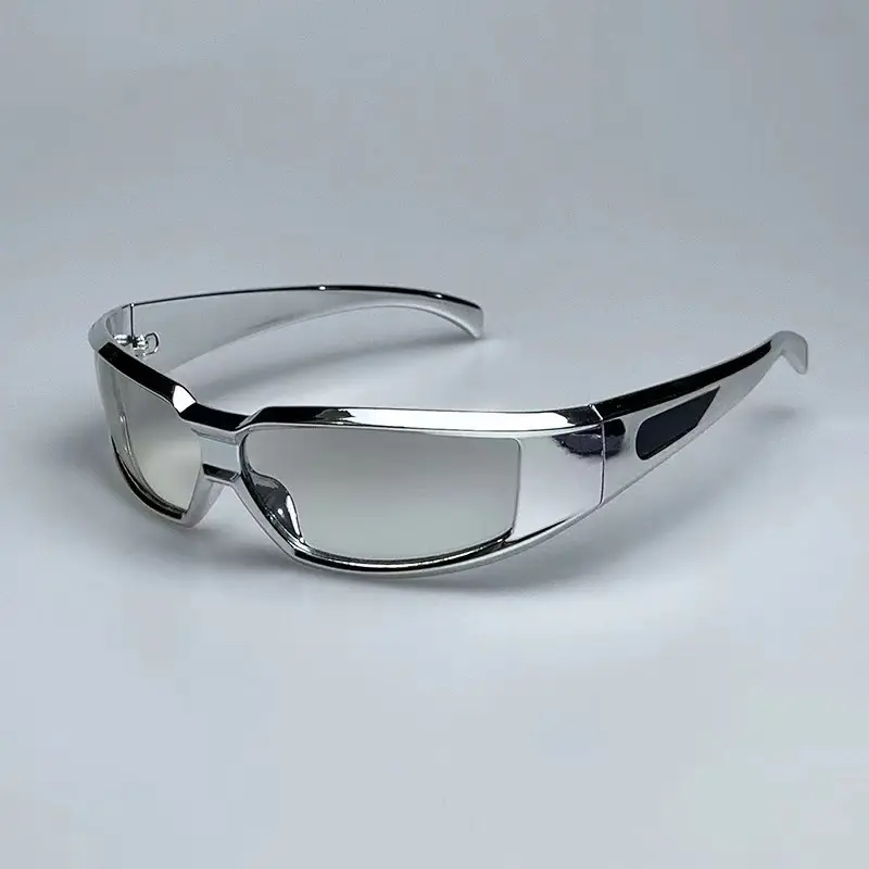 Future Warrior Silver Sparkling Sunglasses Cool Technology Sense Cyber Style Square Reflective Silver Frame Bar Bouncing Glasses