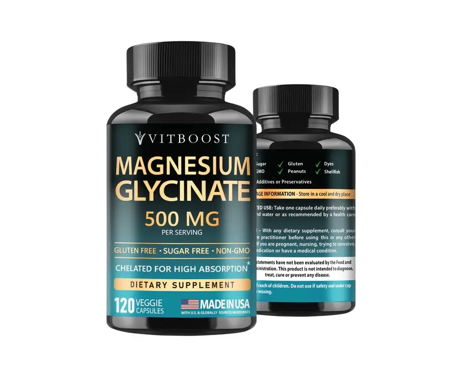 VITBOOST Magnesium Glycinate 500mg – High Absorption Chelated Supplement – Supports Sleep, Muscle Recovery & Heart Health – Non-GMO, Vegan – 120 Capsules – Made in USA