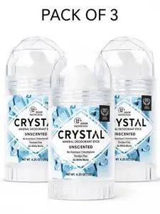3pcs CRYSTAL Unscented Crystal Deodorant Stick 4.25oz Fragrance Free Aluminum Chloride Free Mineral Deodorant, All Day Sweat & Odor Control Travel Size Friendly Deodorant Stick for Daily Gym Outdoor Use, Packaging May Vary