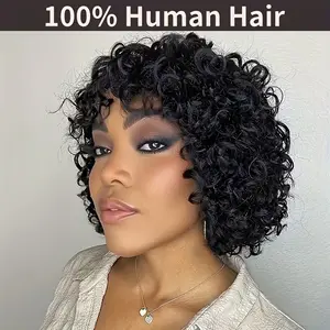 Women's Natural Black Human Hair Wig 6-inch Short Curly with Bangs Water Wave Texture No Glue Needed No Lace Front Comfortable Rose Cap Natural Look Daily & Special Events Versatile Styling