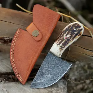 7” Handmade Damascus Steel Skinner Knife - Stag Antler Handle - Full Tang