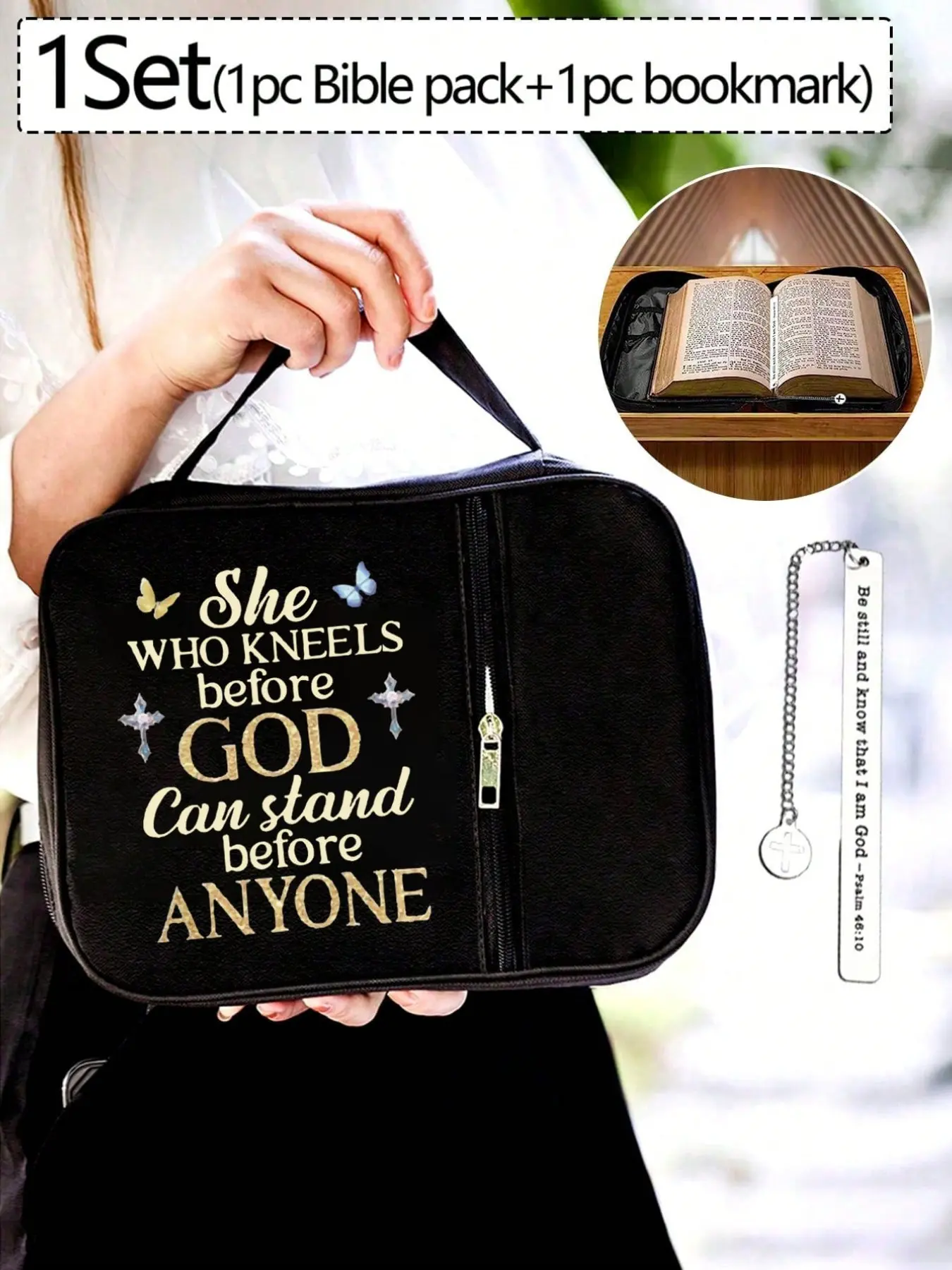 Fashionable Bible Bag/bookmark with Cross Letter Butterfly Pattern, Handbag with Zipper Pocket, Multifunctional Storage Bag