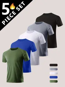 5 PIECES MEN'S QUALITY LIGHTWEIGHT QUICK DRY CREW NECK SHORT SLEEVE T-SHIRTS - Moisture wicking, breathable, soft and comfortable, suitable for summer sports, fitness Fathersdaygift