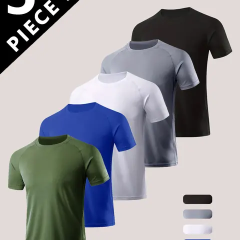 SKYWEHYD Men's 5-Piece Minimalistic Activewear Gym Athletic Clothes - Lightweight Breathable Quick-Drying Dry Heat-Wicking Sports T-Shirts, Soft Crew Neck Short Sleeve, Summer Fitness Gift